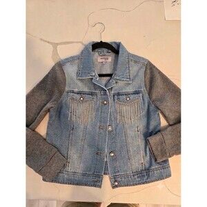 Working Title Denim Jacket Rhinestone Fringe Gray Knit Sleeves Pearl Buttons M